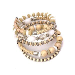 Spiral Wrap Bracelet Wood Beads Braided Silver White & Natural Wood OS